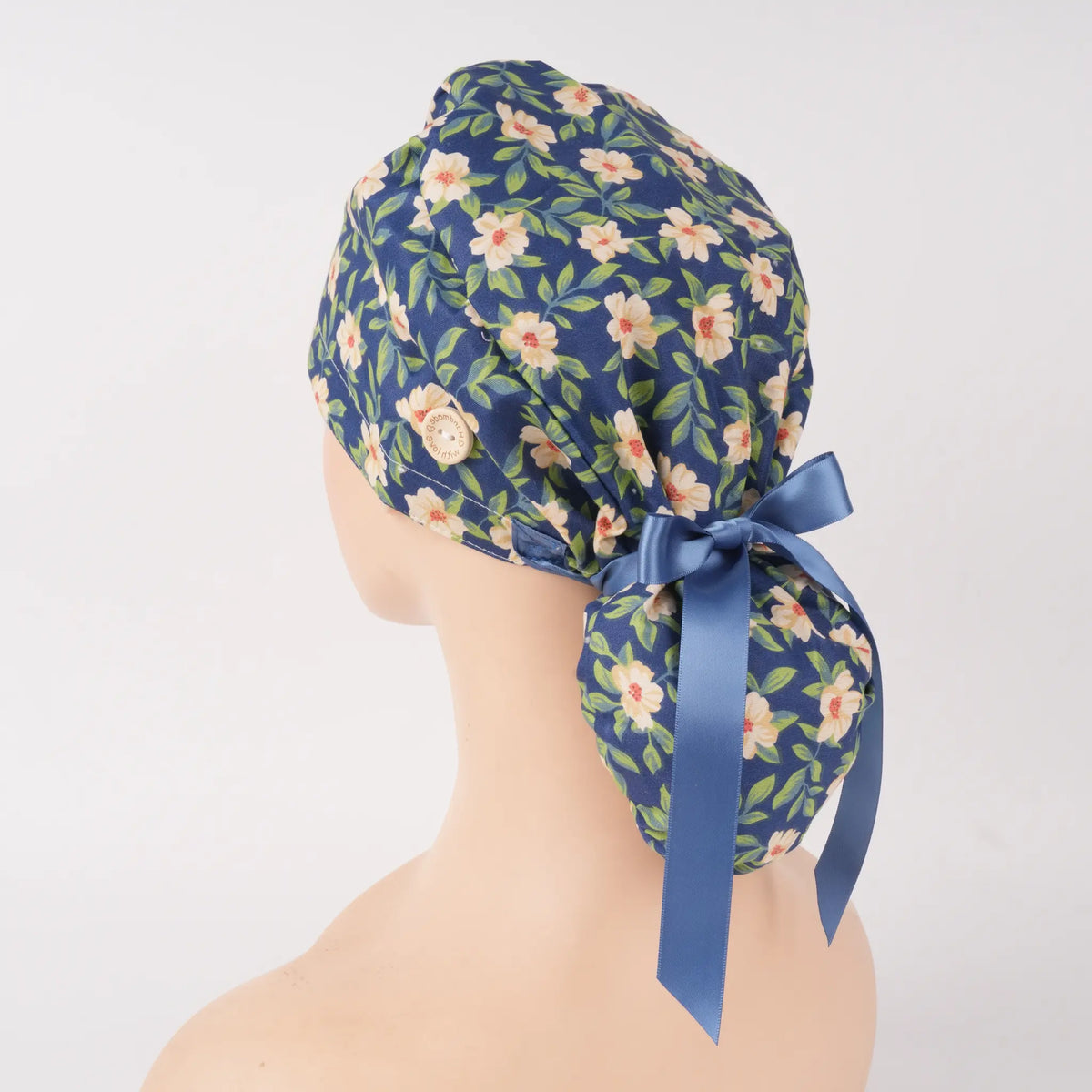 Navy Yellow Florals Ponytail Scrub Cap