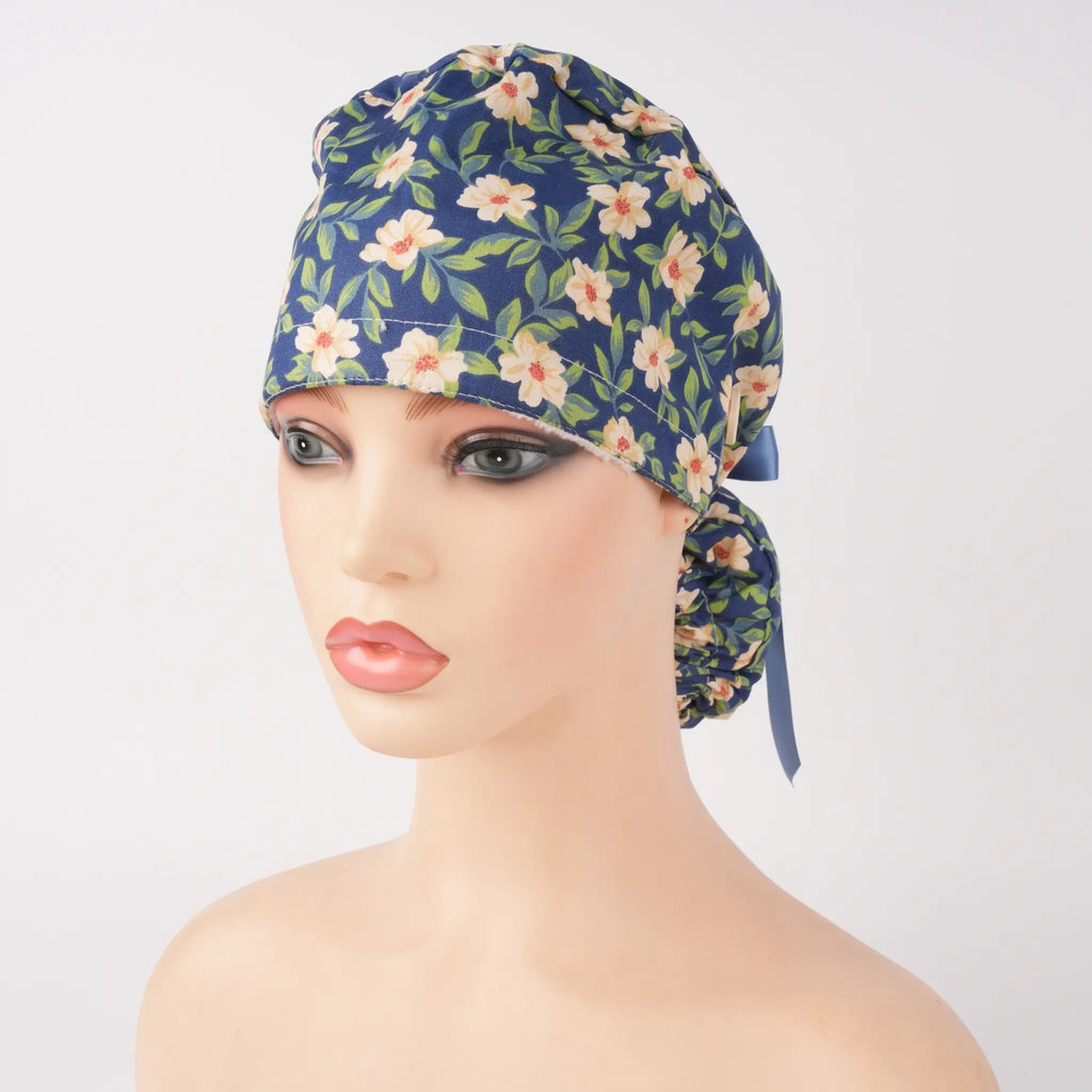 Navy Yellow Florals Ponytail Scrub Cap
