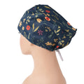 Navy euro scrub cap with colorful wildflower print, side view on mannequin