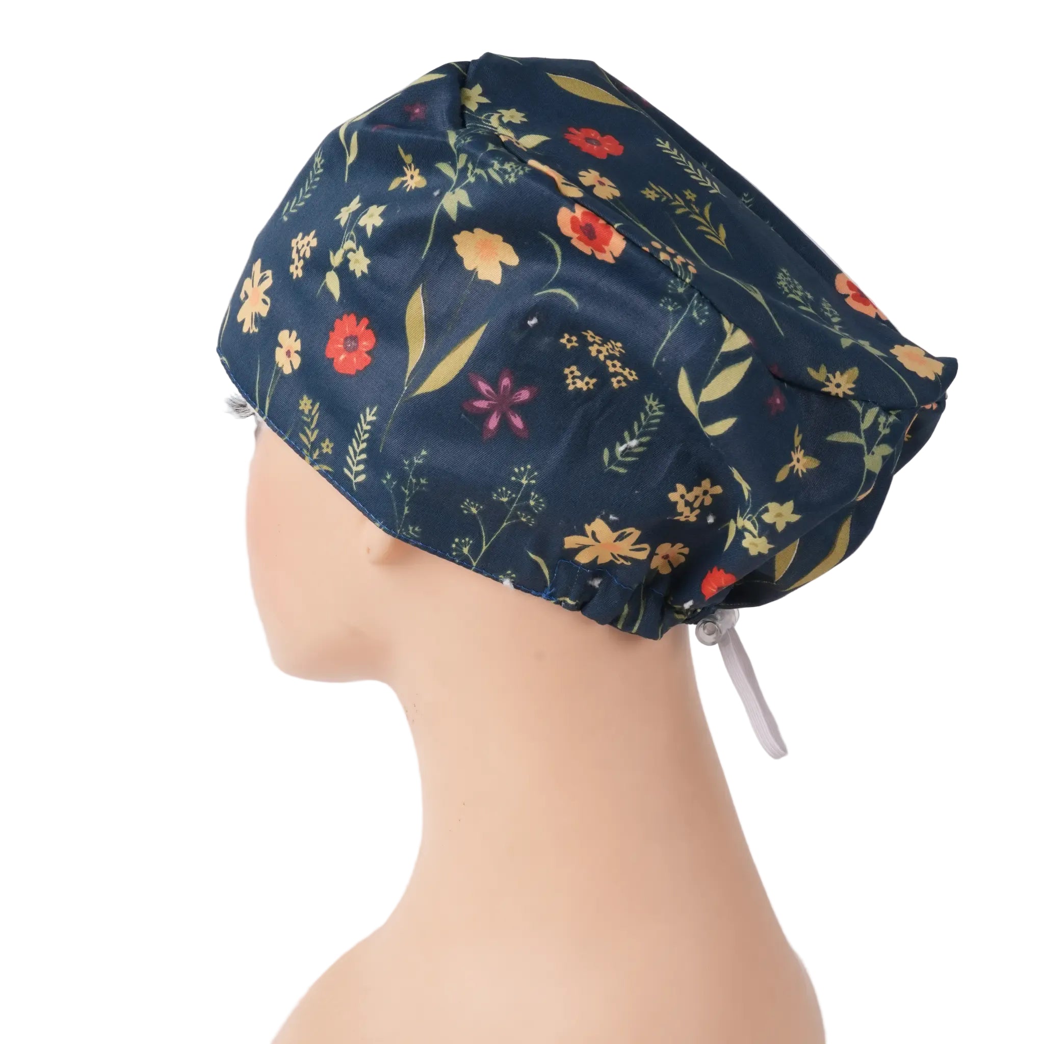 Navy euro scrub cap with colorful wildflower print, side view on mannequin