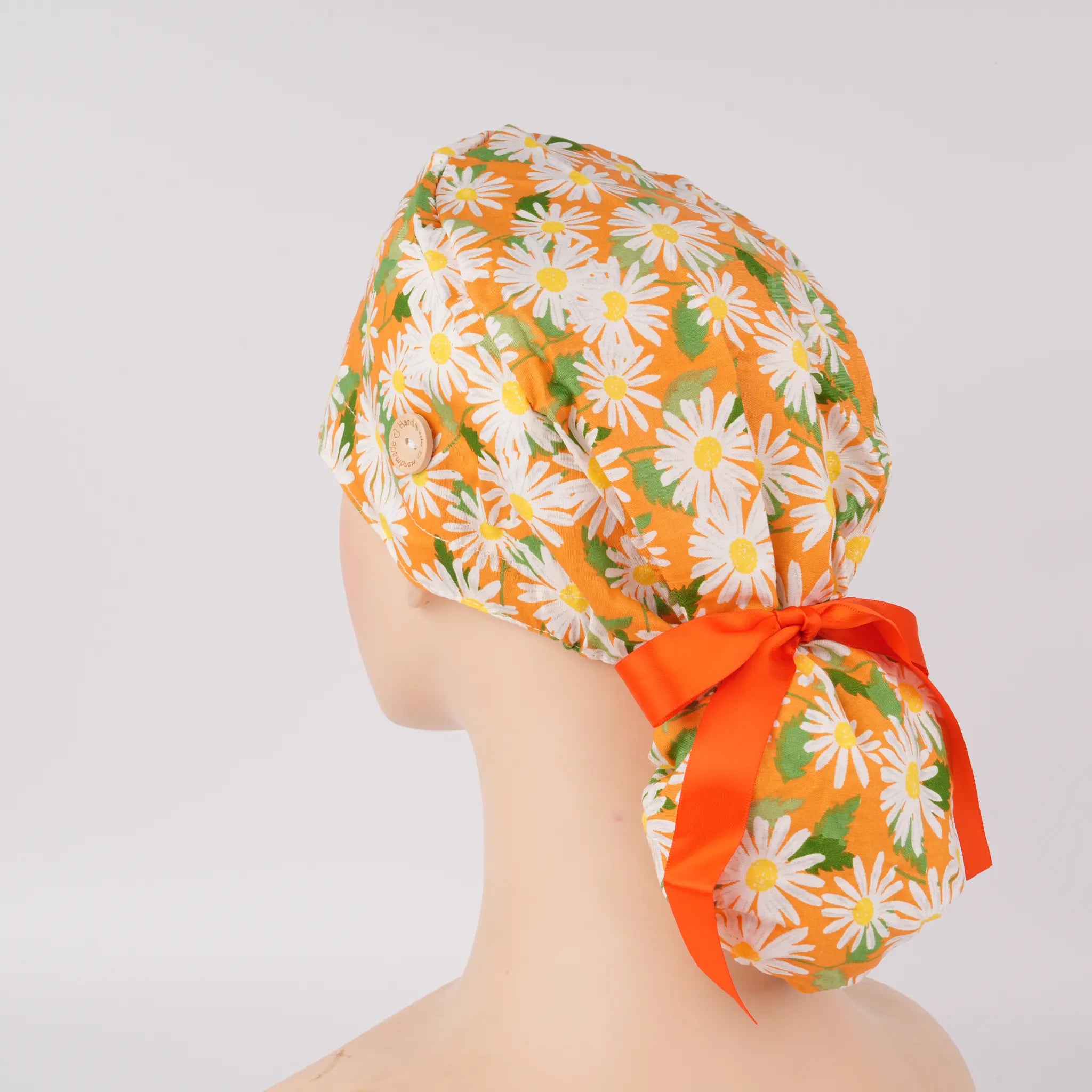 Orange Daisy Ponytail Scrub Cap