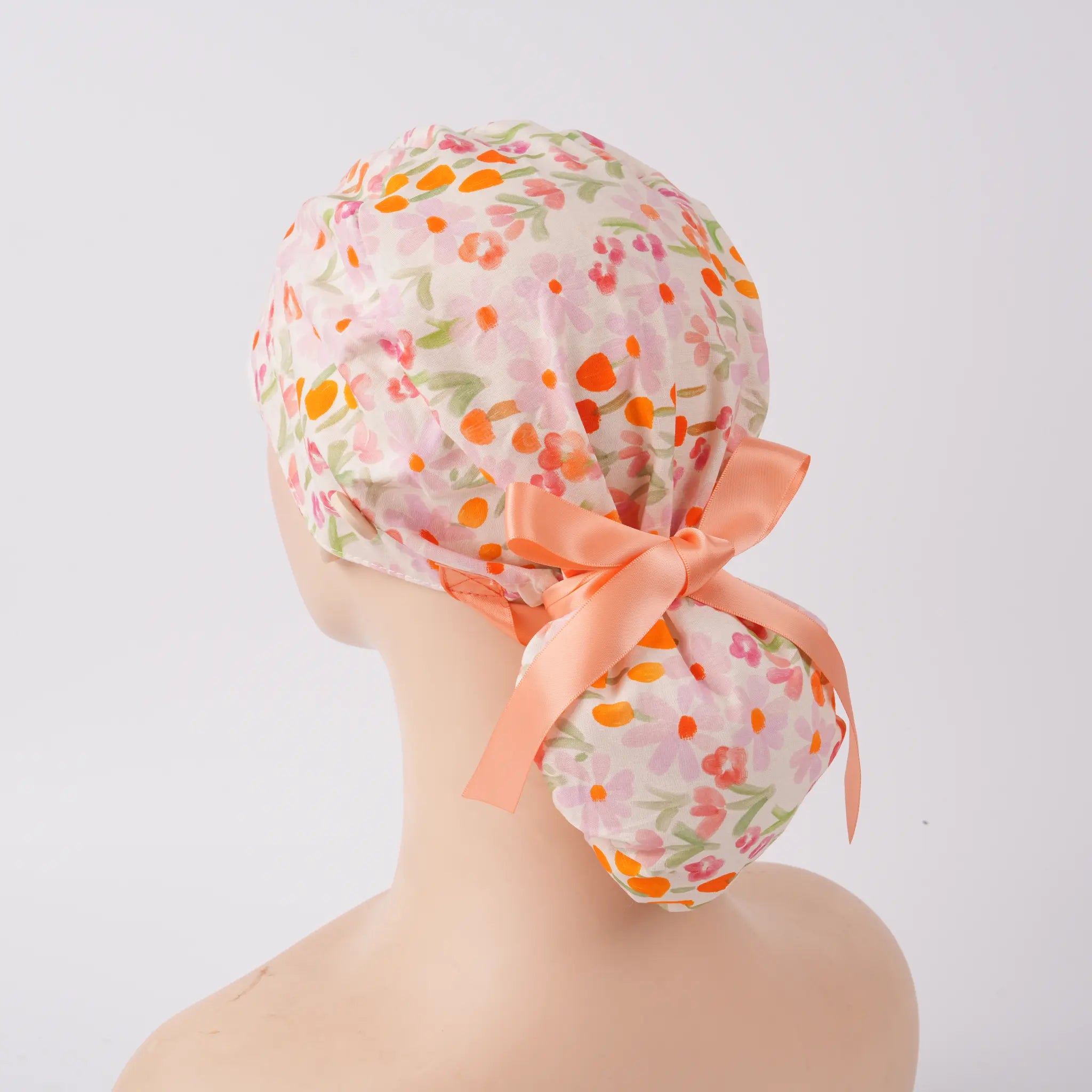 Peachy Floral Ponytail Scrub Cap
