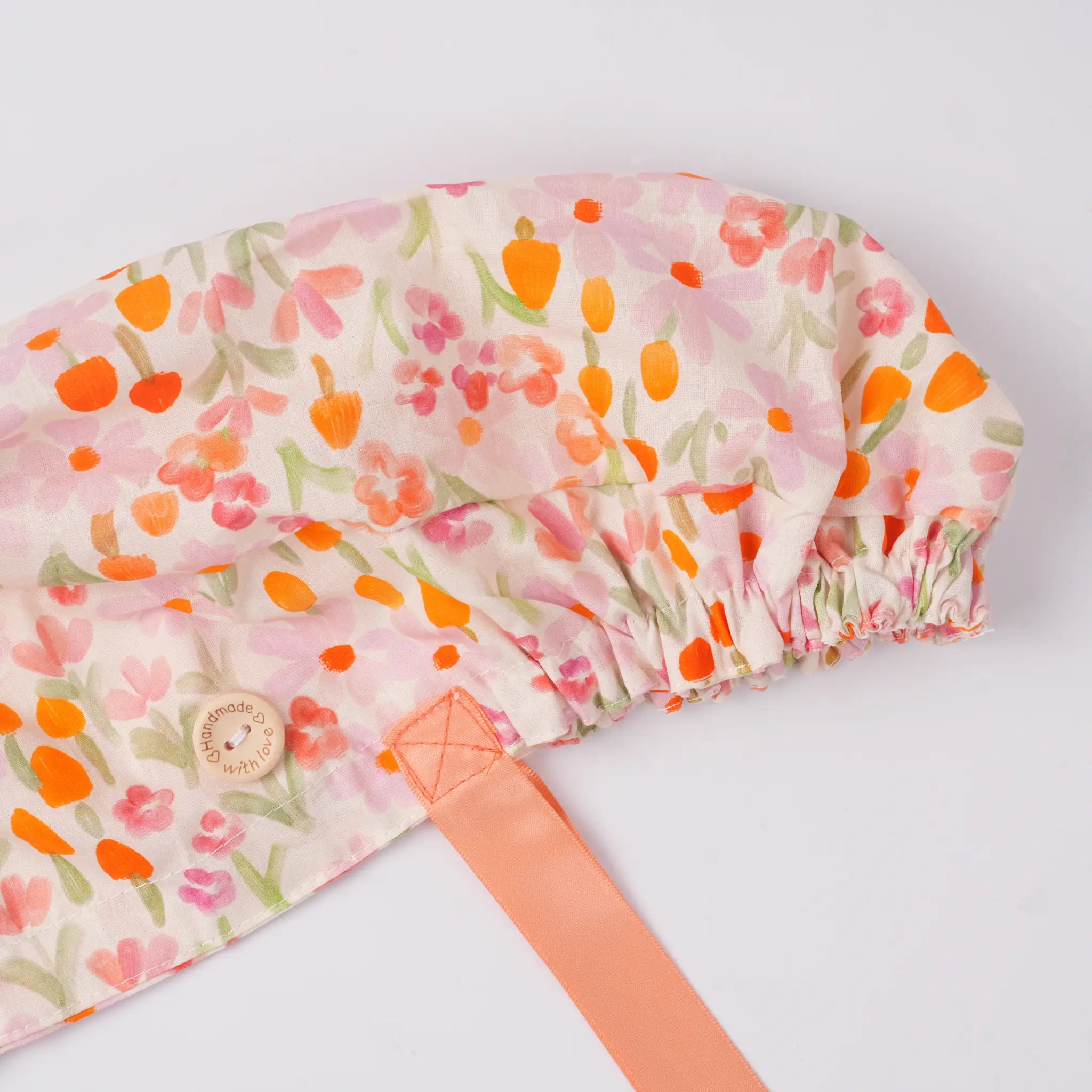Peachy Floral Ponytail Scrub Cap