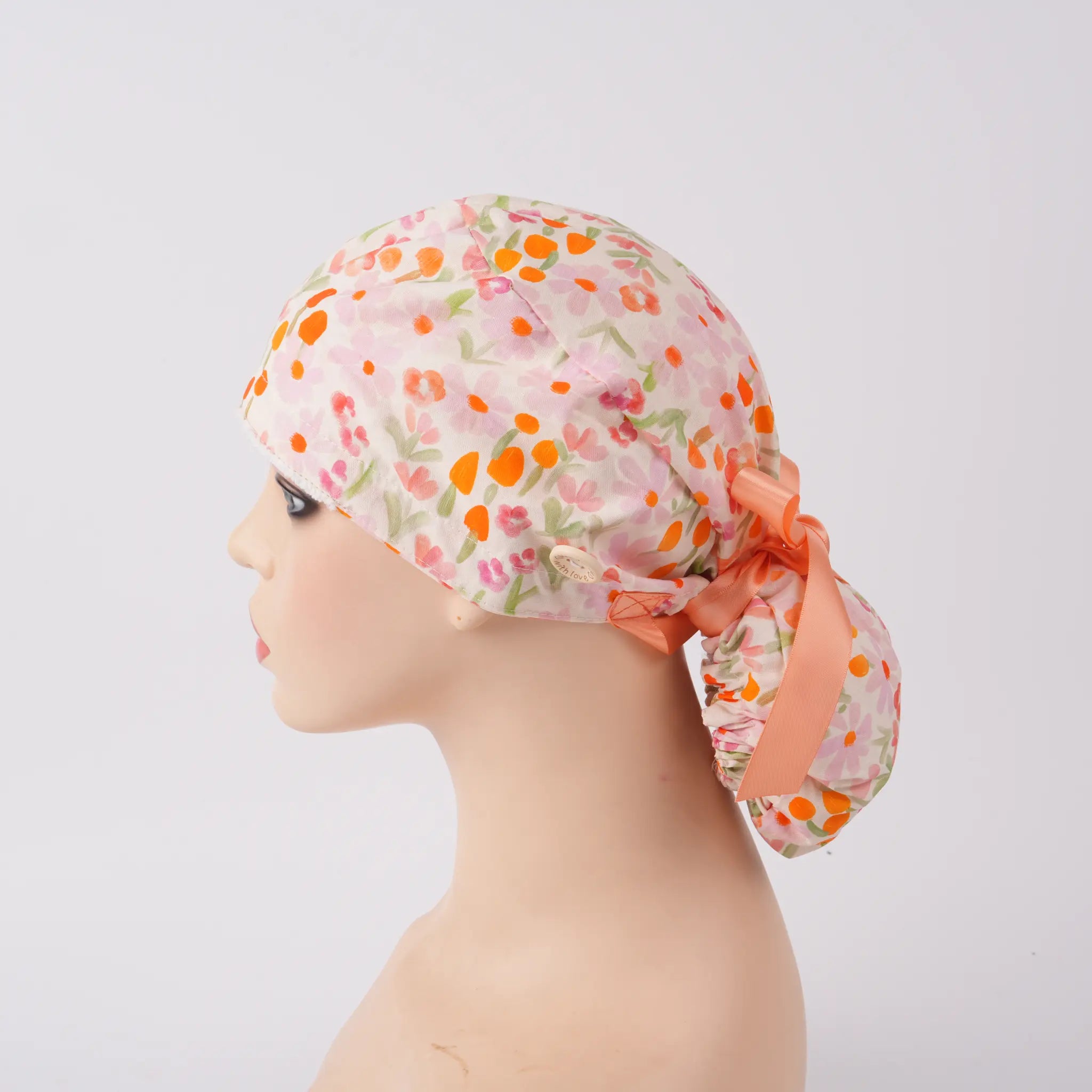 Peachy Floral Ponytail Scrub Cap