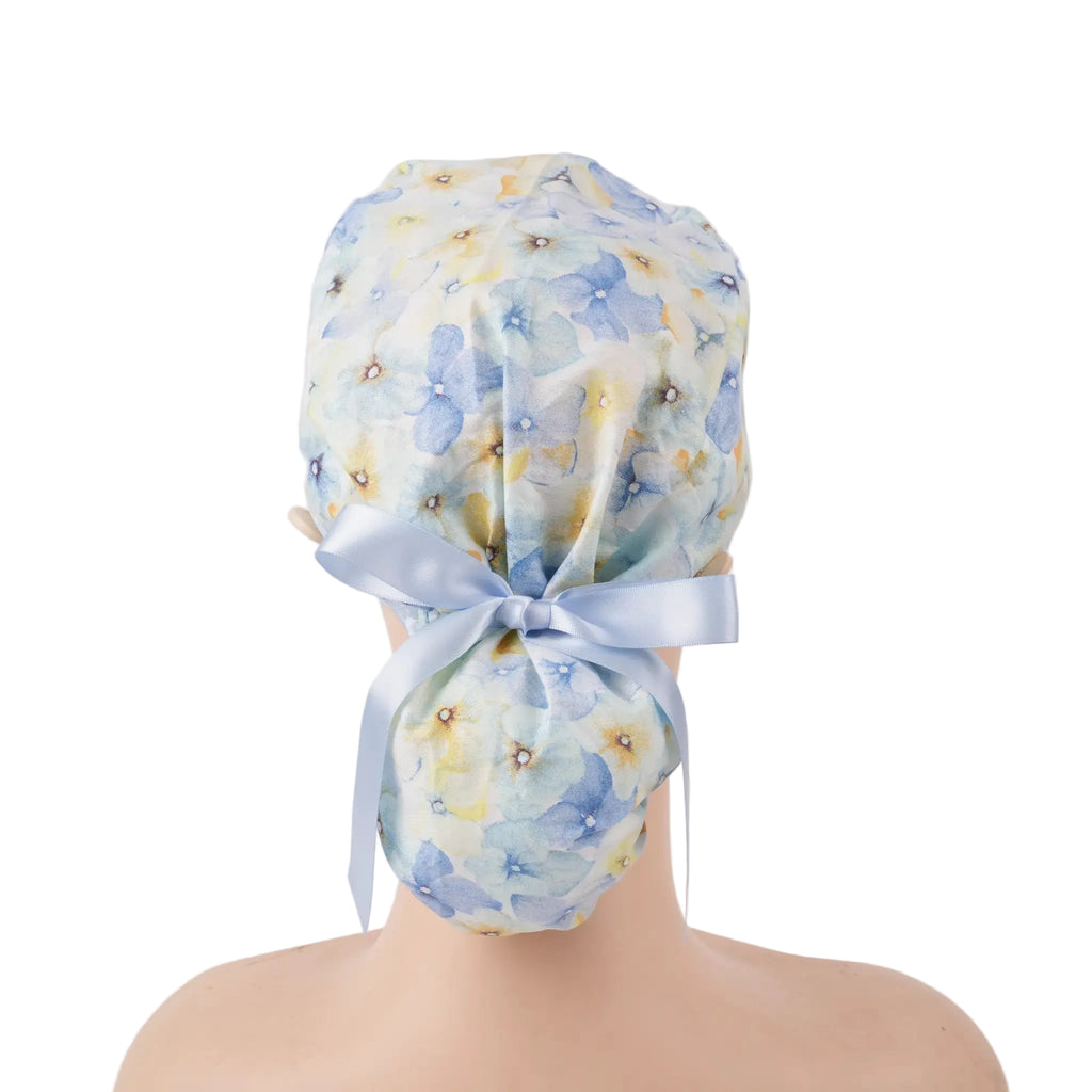 Pastel Blue Floral Ponytail Scrub Cap