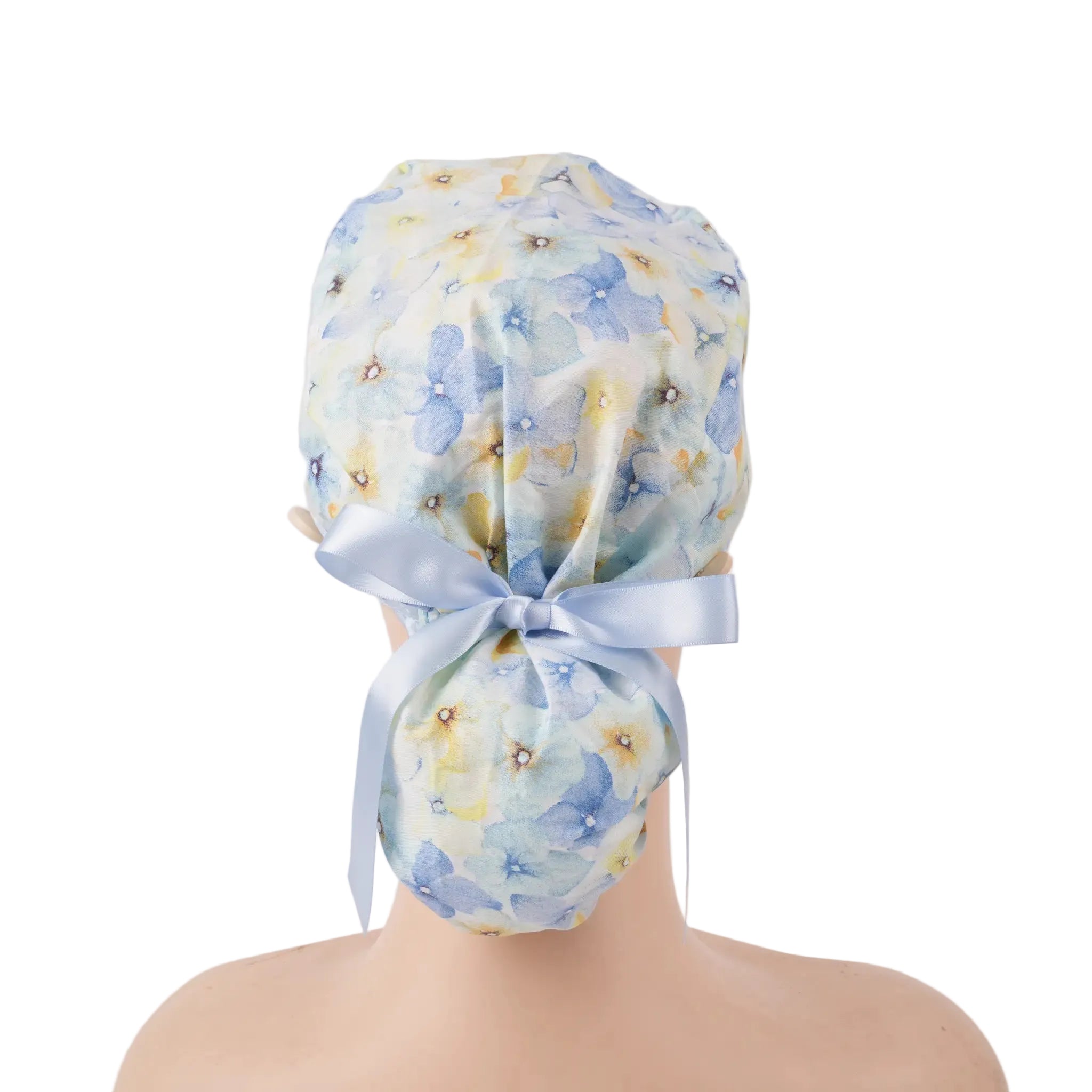 Pastel Blue Floral Ponytail Scrub Cap