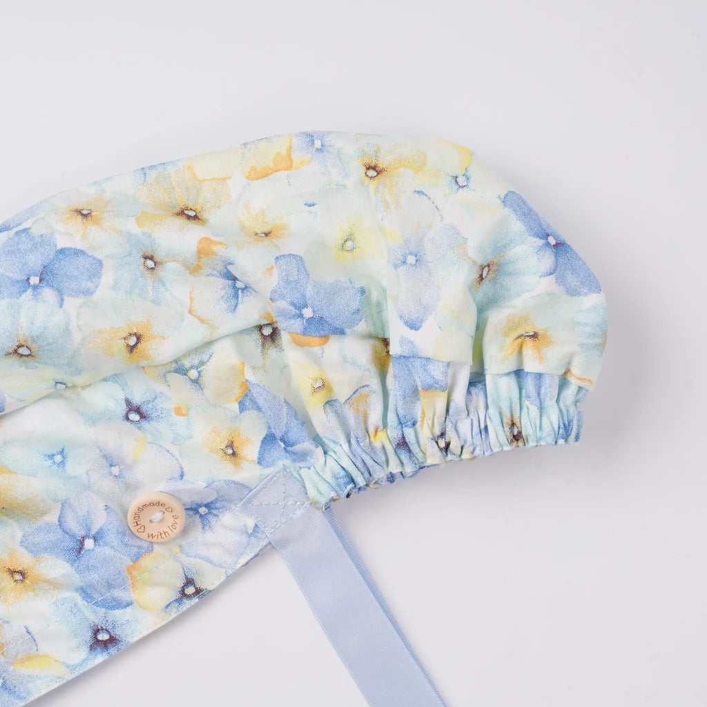 Pastel Blue Floral Ponytail Scrub Cap