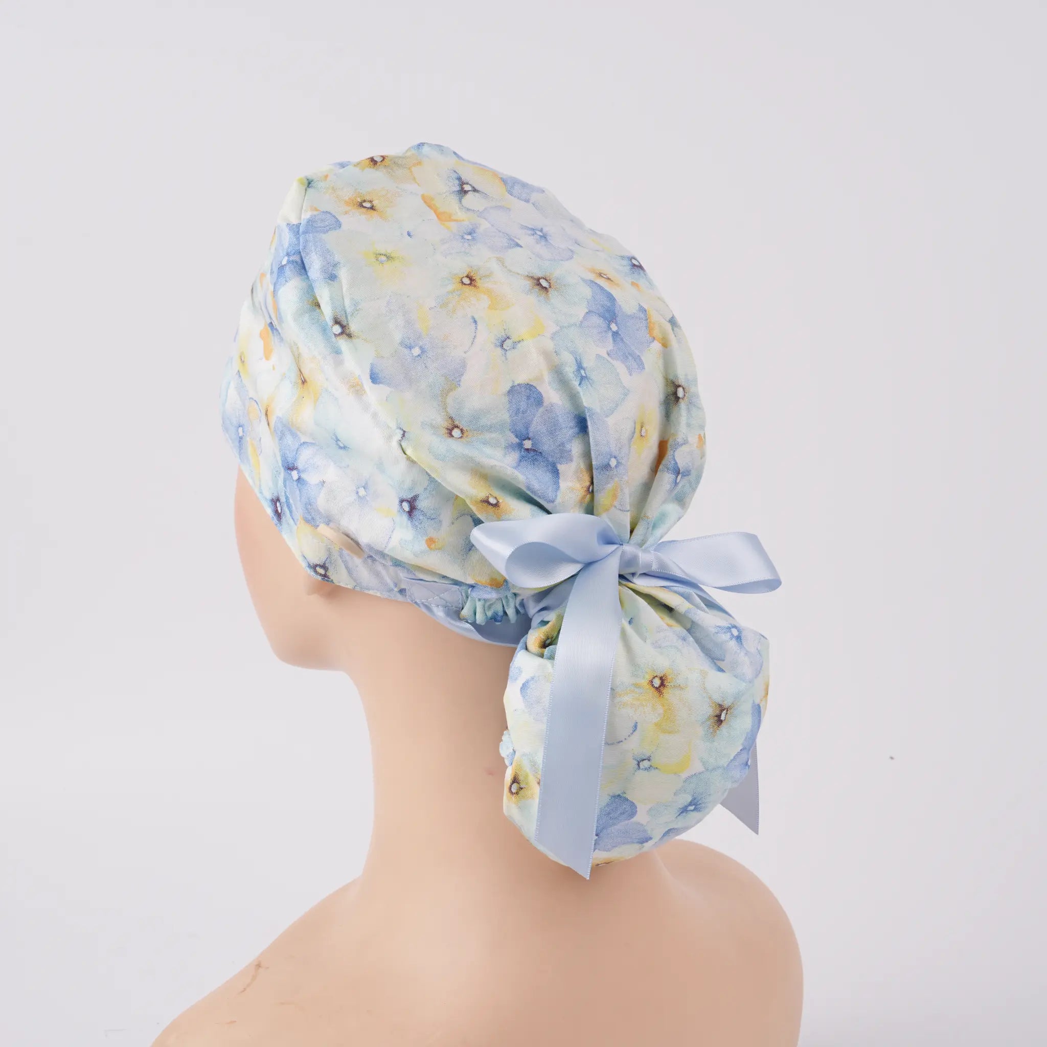 Pastel Blue Floral Ponytail Scrub Cap