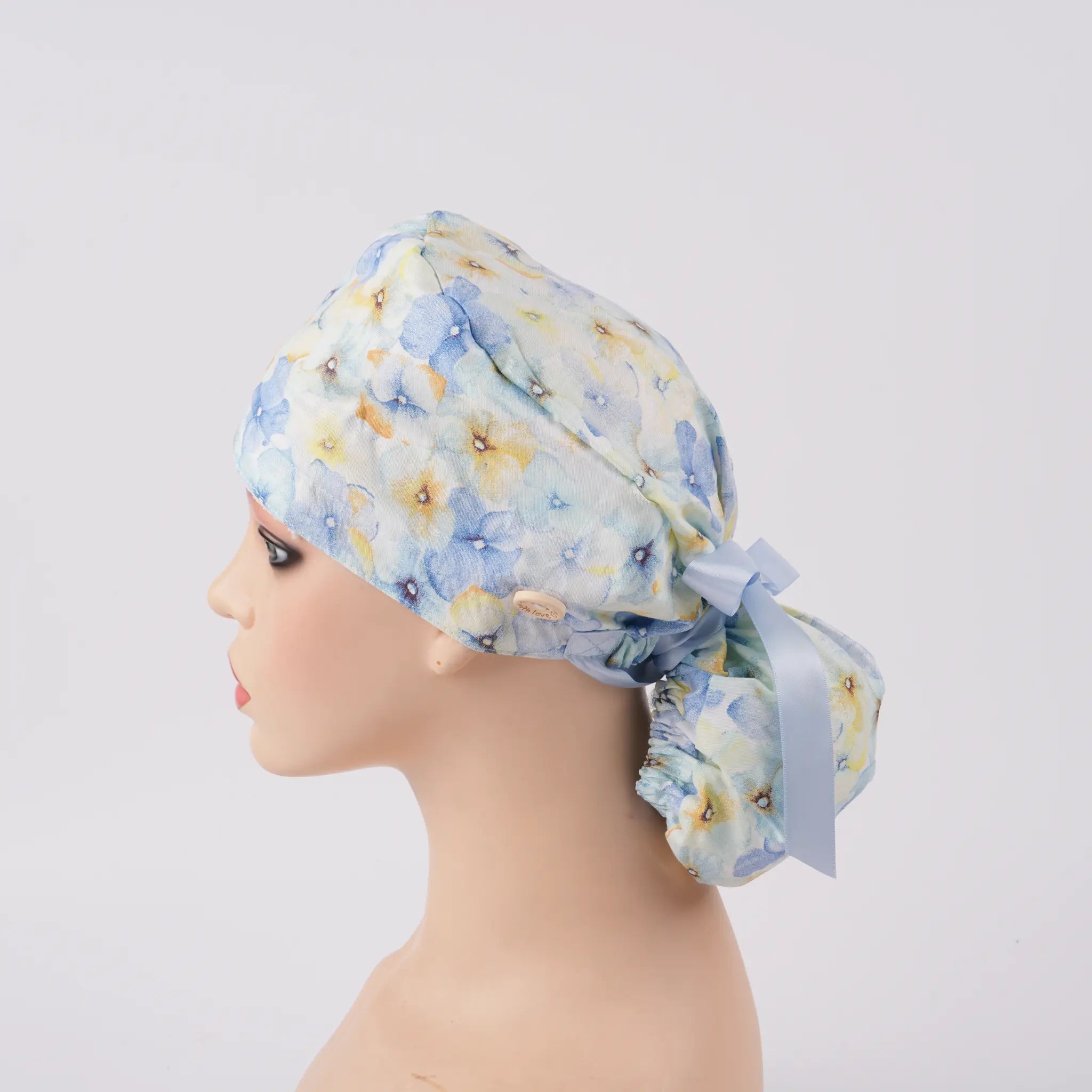 Pastel Blue Floral Ponytail Scrub Cap