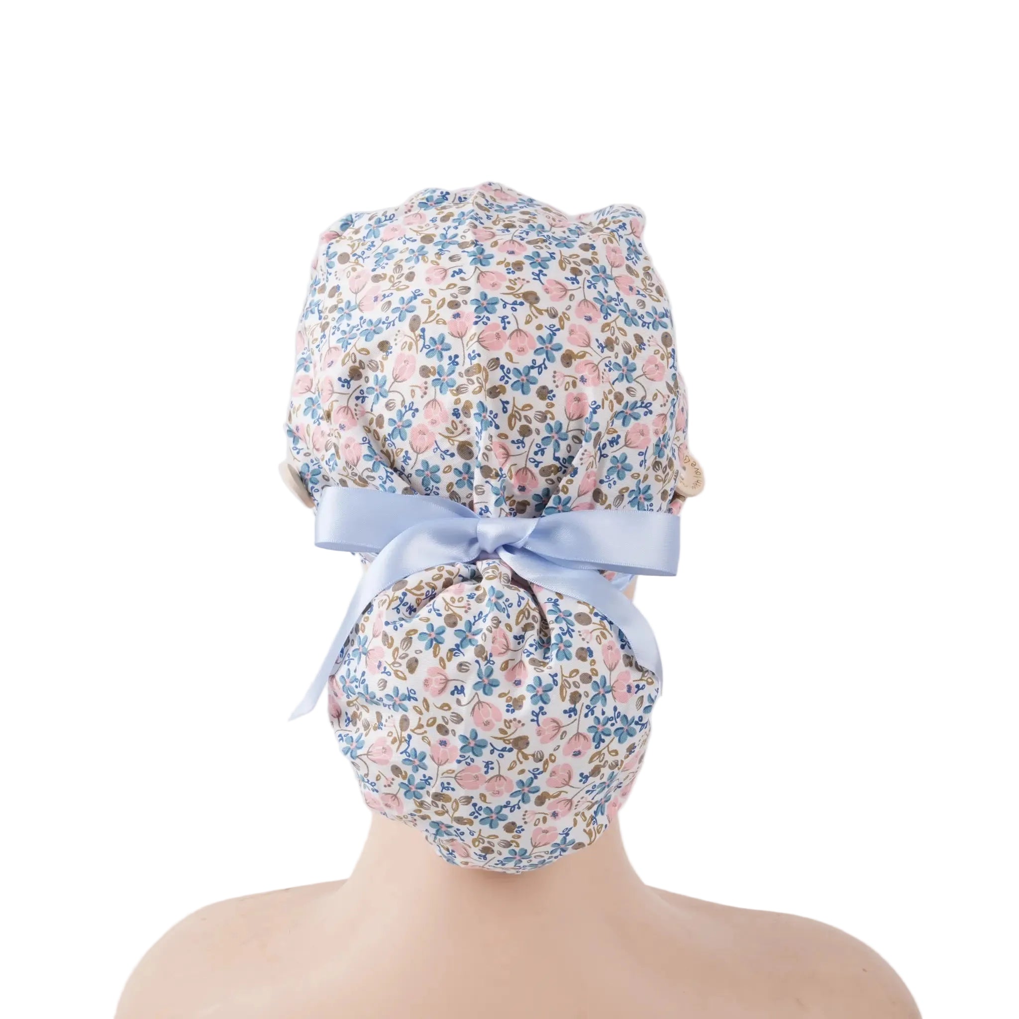 Pink Blue Flowers Ponytail Scrub Cap