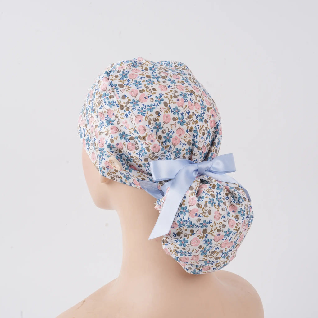 Pink Blue Flowers Ponytail Scrub Cap