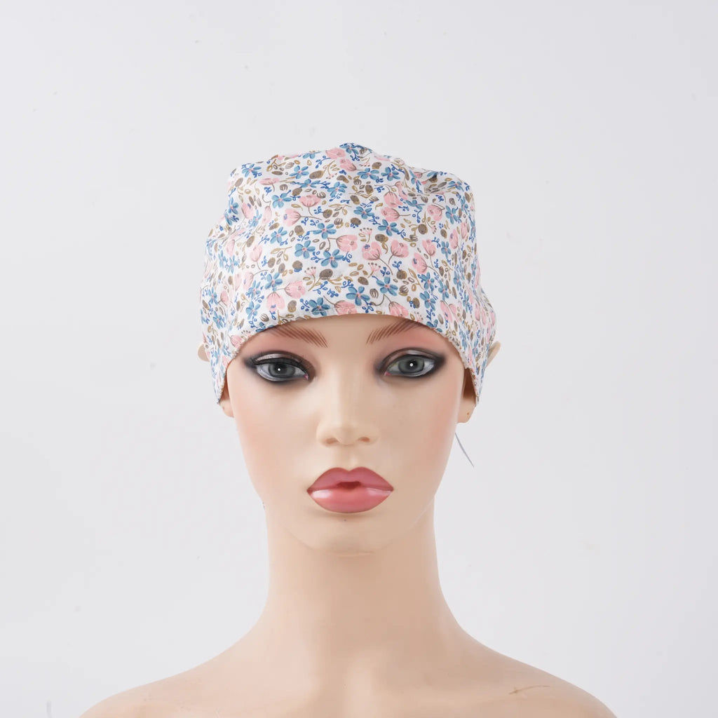 Pink Blue Flowers Ponytail Scrub Cap