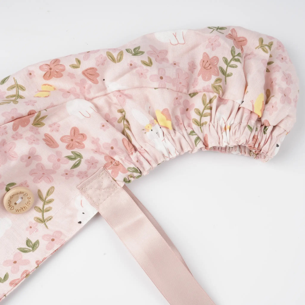 Pink Bunny Floral Ponytail Scrub Cap