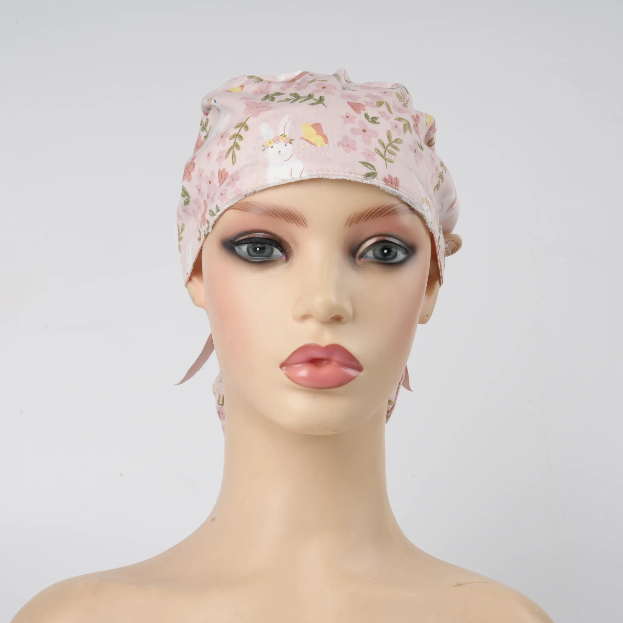 Pink Bunny Floral Ponytail Scrub Cap