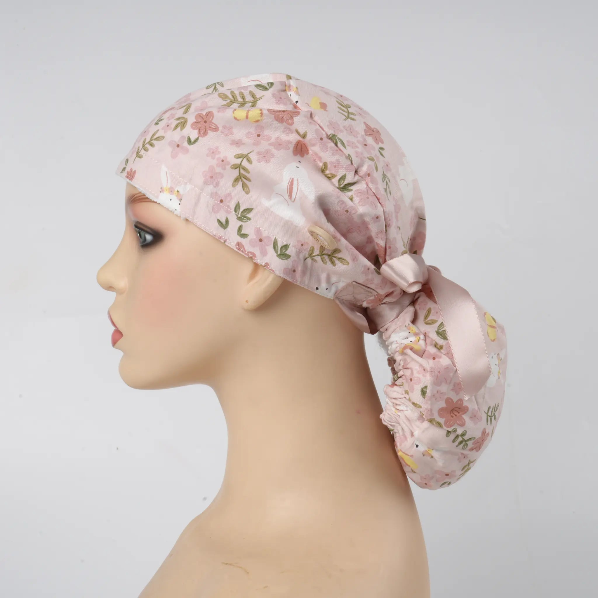 Pink Bunny Floral Ponytail Scrub Cap