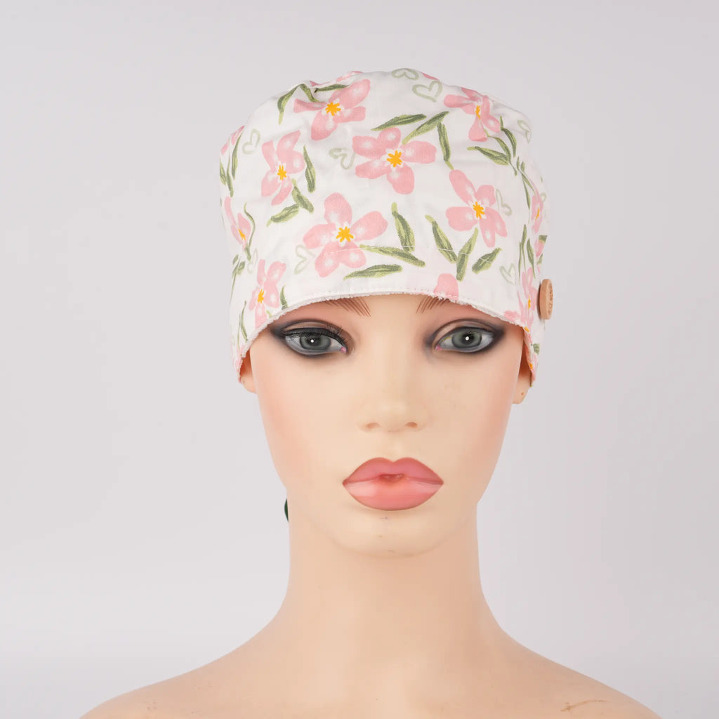 Pink Floral Ponytail Scrub Cap