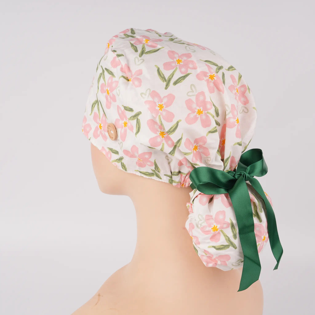 Pink Floral Ponytail Scrub Cap