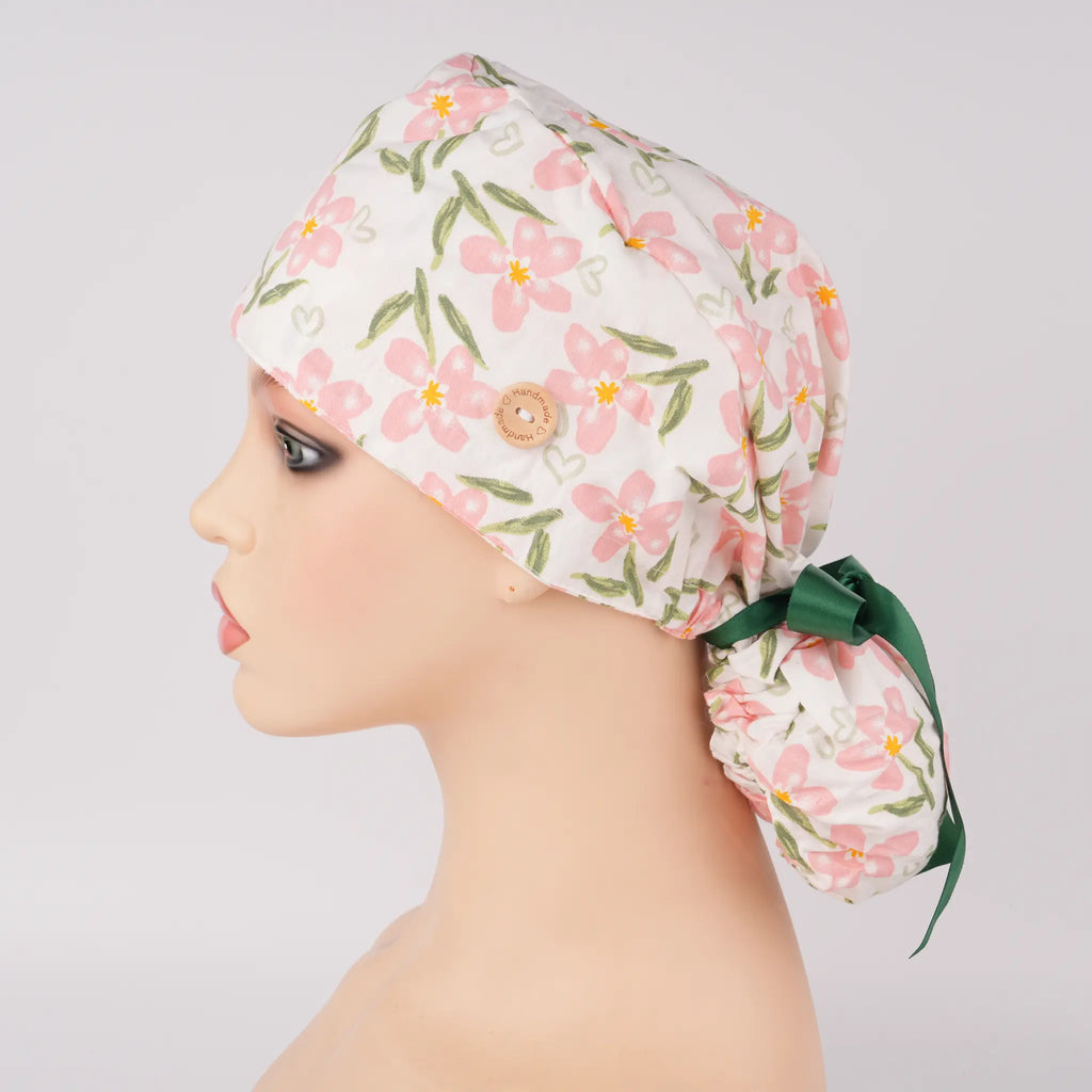 Pink Floral Ponytail Scrub Cap