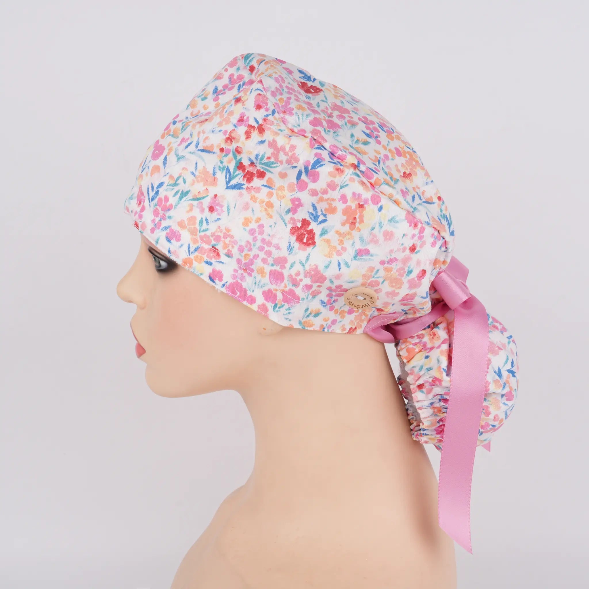 Pink Watercolor Floral Ponytail Scrub Cap