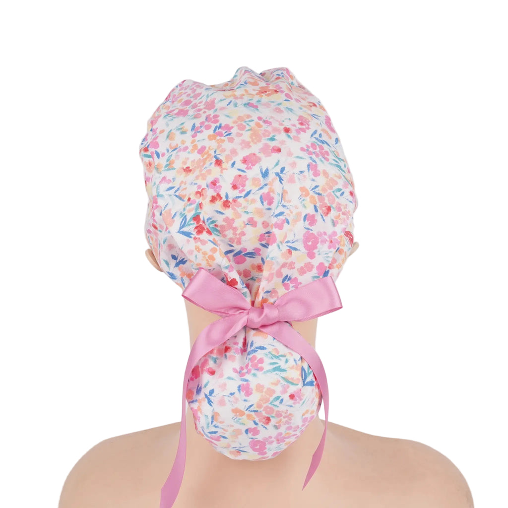 Pink Watercolor Floral Ponytail Scrub Cap