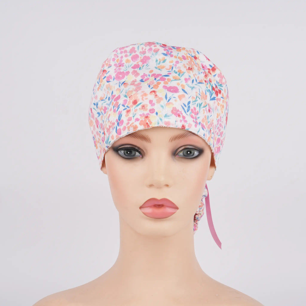 Pink Watercolor Floral Ponytail Scrub Cap