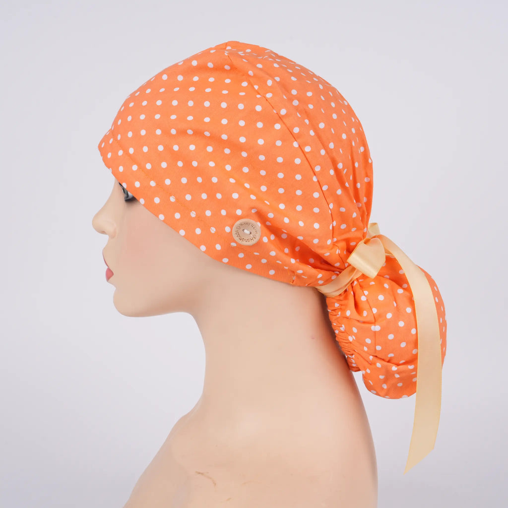 Orange Polka Dots Ponytail Scrub Cap
