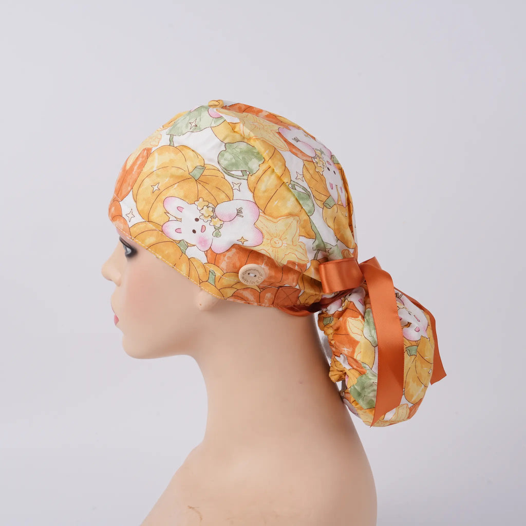Pumpkin & Bunny Ponytail Scrub Cap