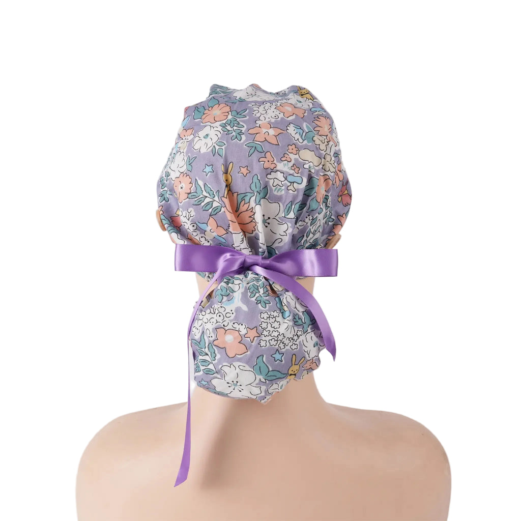 Purple Floral & Puppy Ponytail Scrub Cap