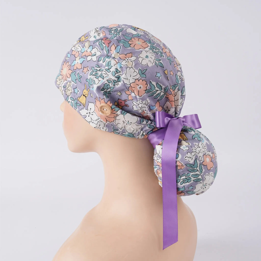 Purple Floral & Puppy Ponytail Scrub Cap