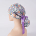 Purple Floral & Puppy Ponytail Scrub Cap