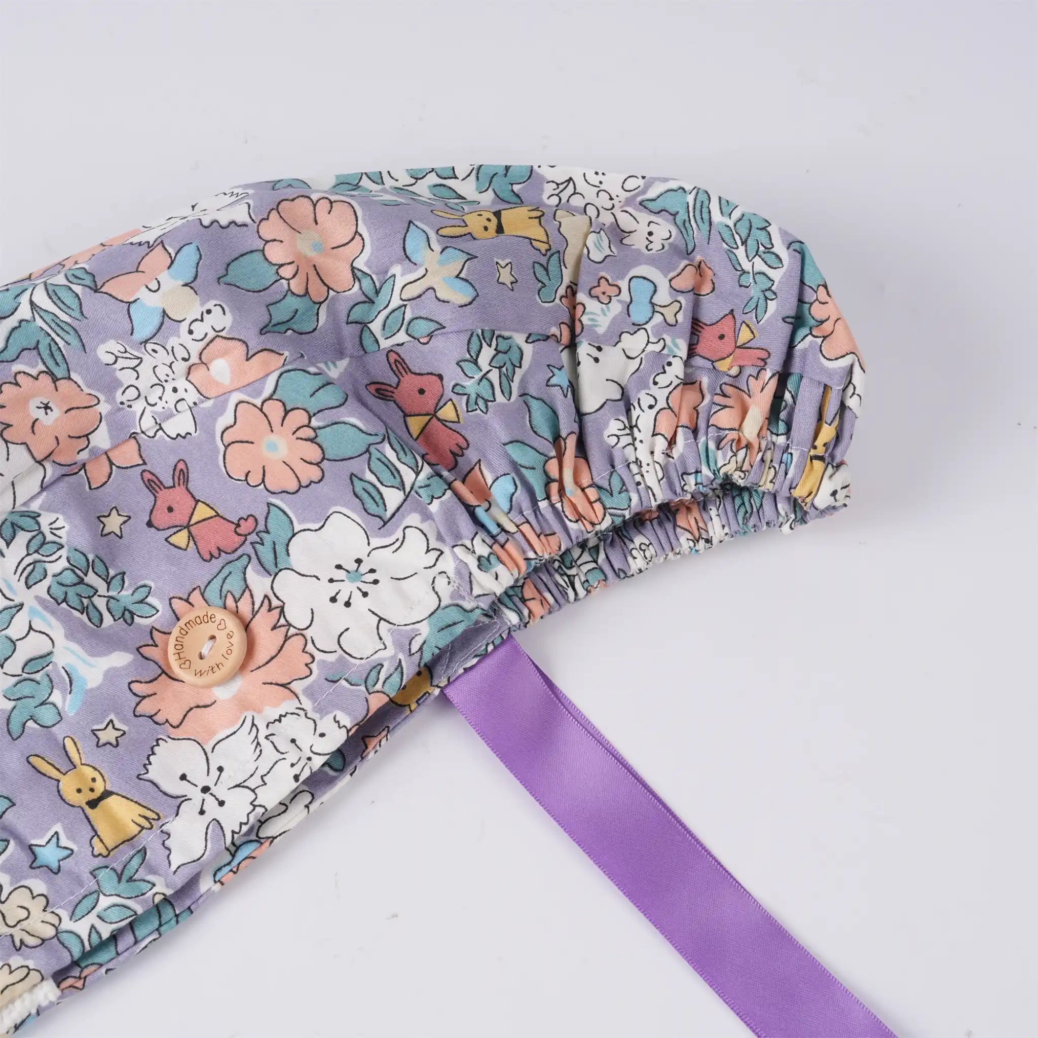 Purple Floral & Puppy Ponytail Scrub Cap