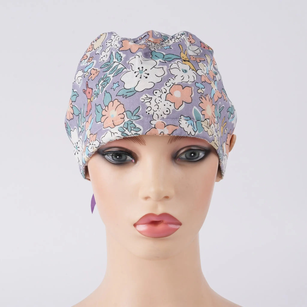 Purple Floral & Puppy Ponytail Scrub Cap