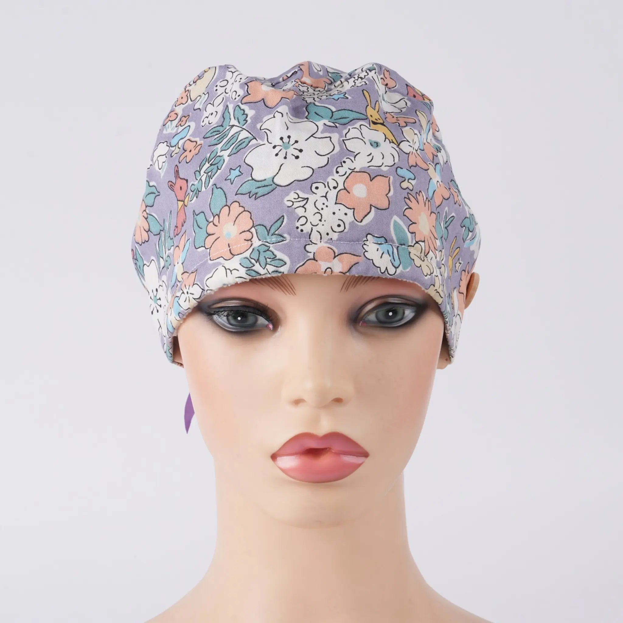 Purple Floral & Puppy Ponytail Scrub Cap