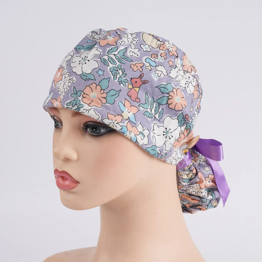 Purple Floral & Puppy Ponytail Scrub Cap