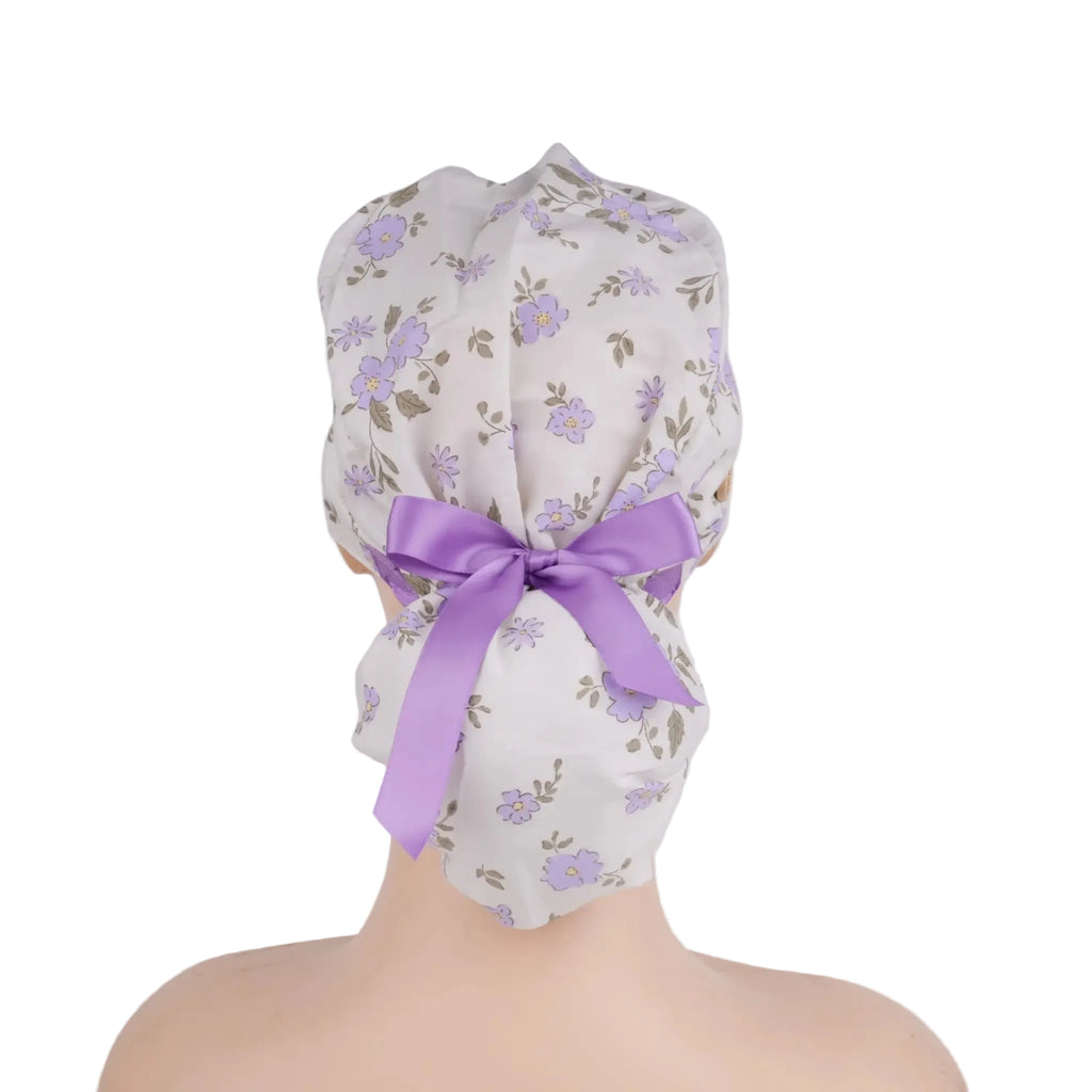 Purple White Flowers Ponytail Scrub Cap