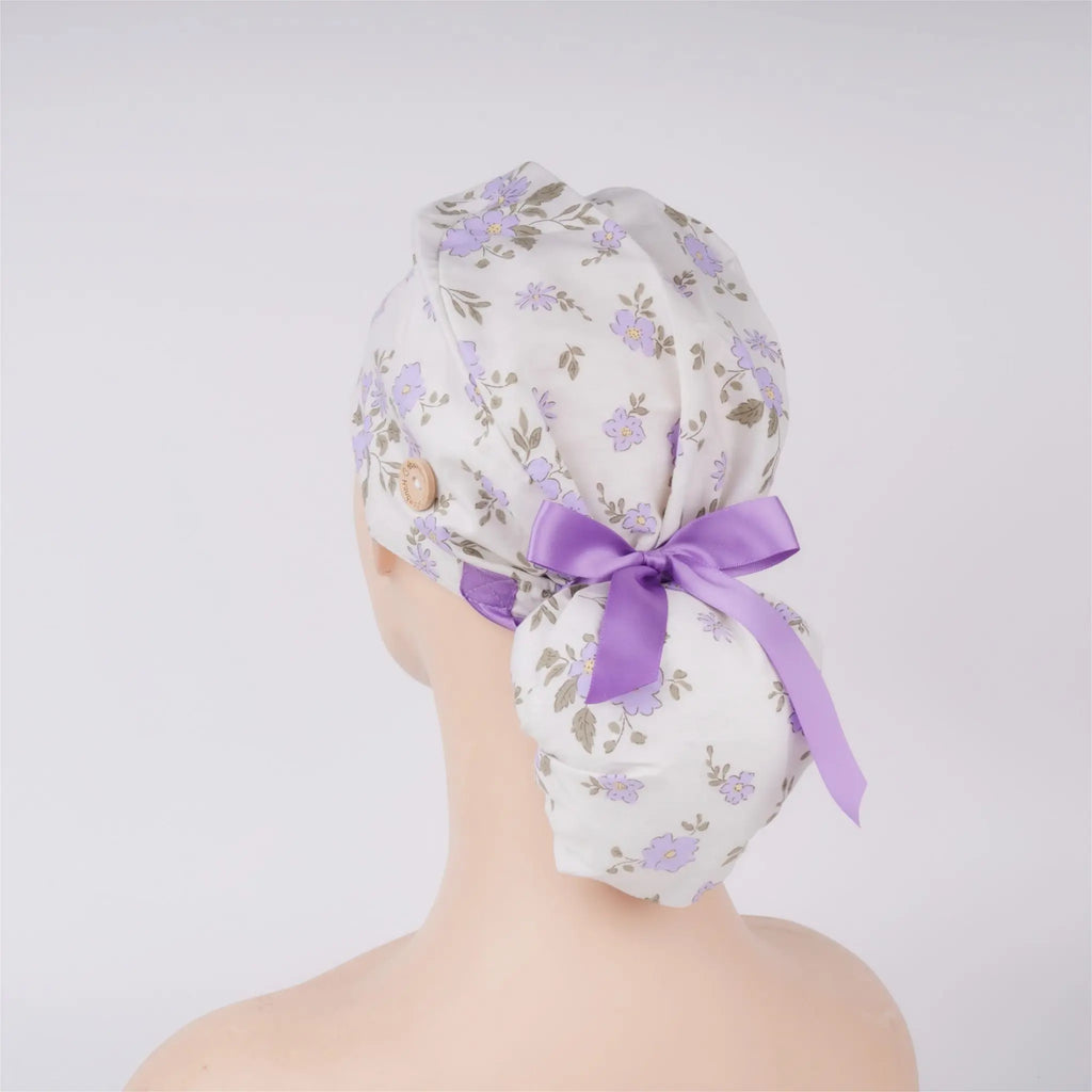 Purple White Flowers Ponytail Scrub Cap