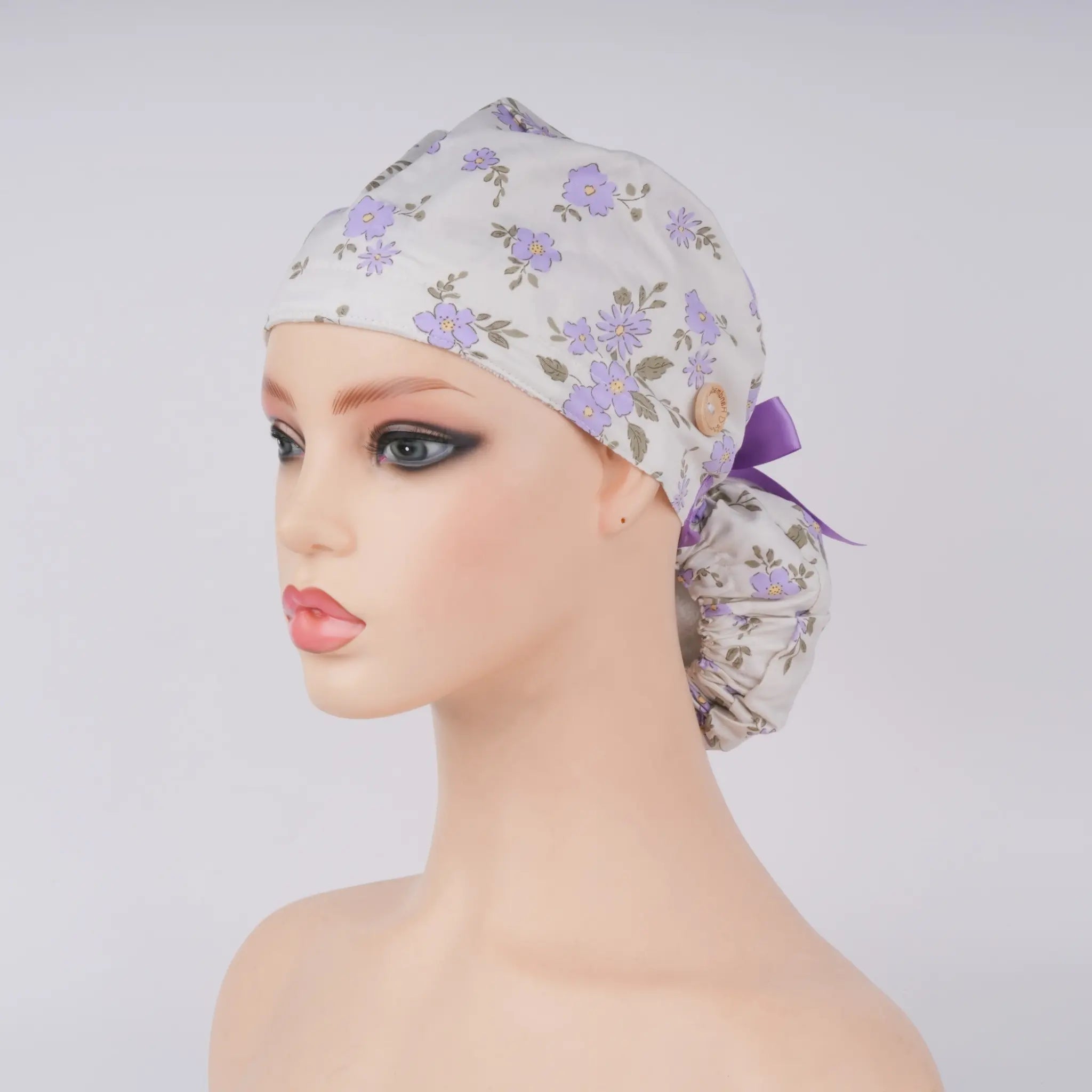 Purple White Flowers Ponytail Scrub Cap