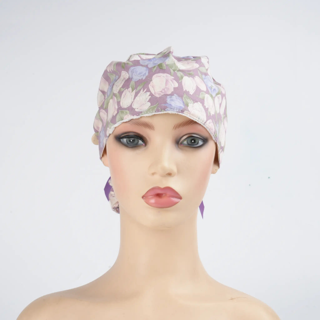 Purple Floral Ponytail Scrub Cap