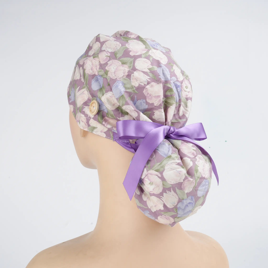 Purple Floral Ponytail Scrub Cap