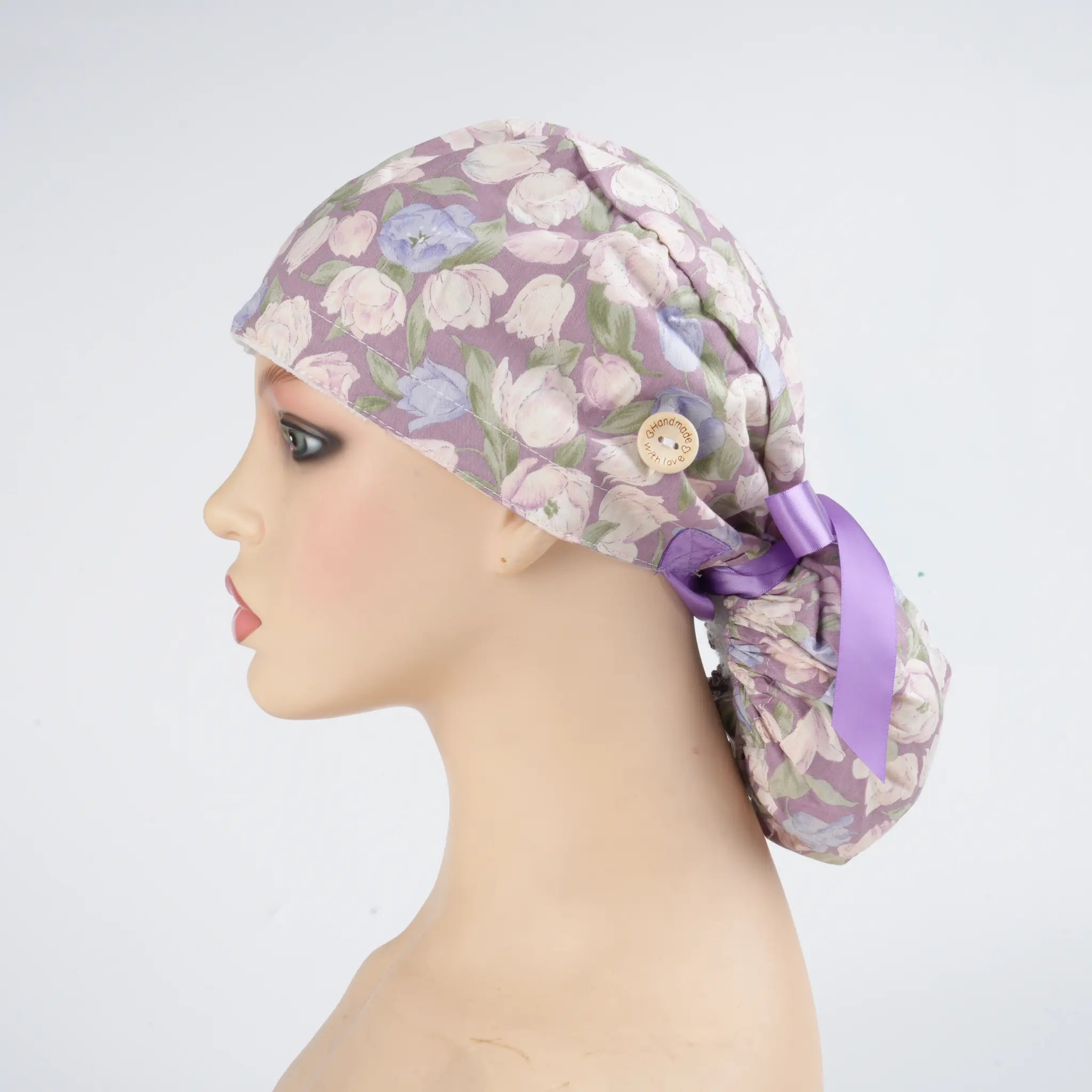 Purple Floral Ponytail Scrub Cap