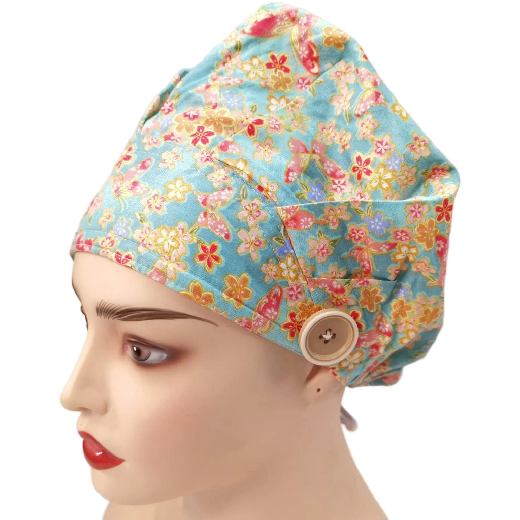 Bouffant scrub cap with gold metallic print sakura and butterflies, side view on mannequin