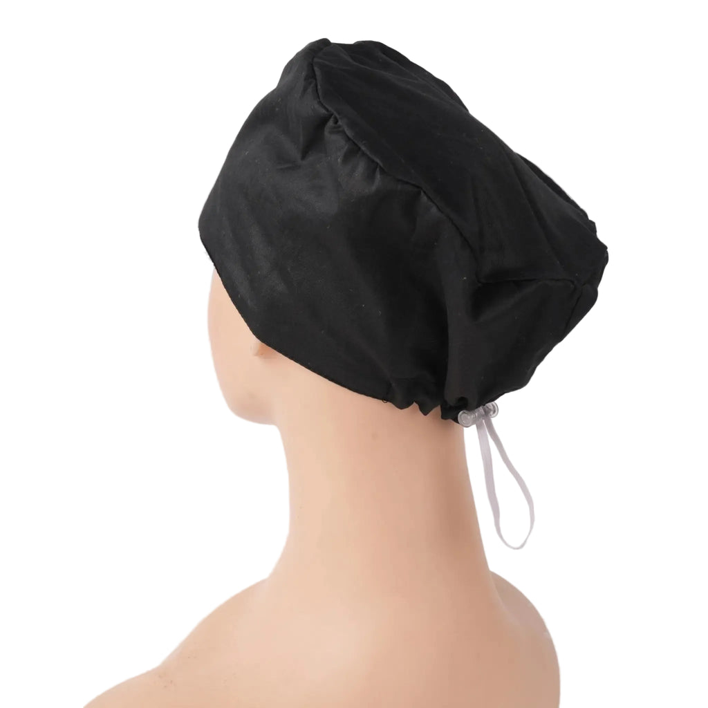 A solid black euro scrub cap shown on a mannequin head from a side-back angle.