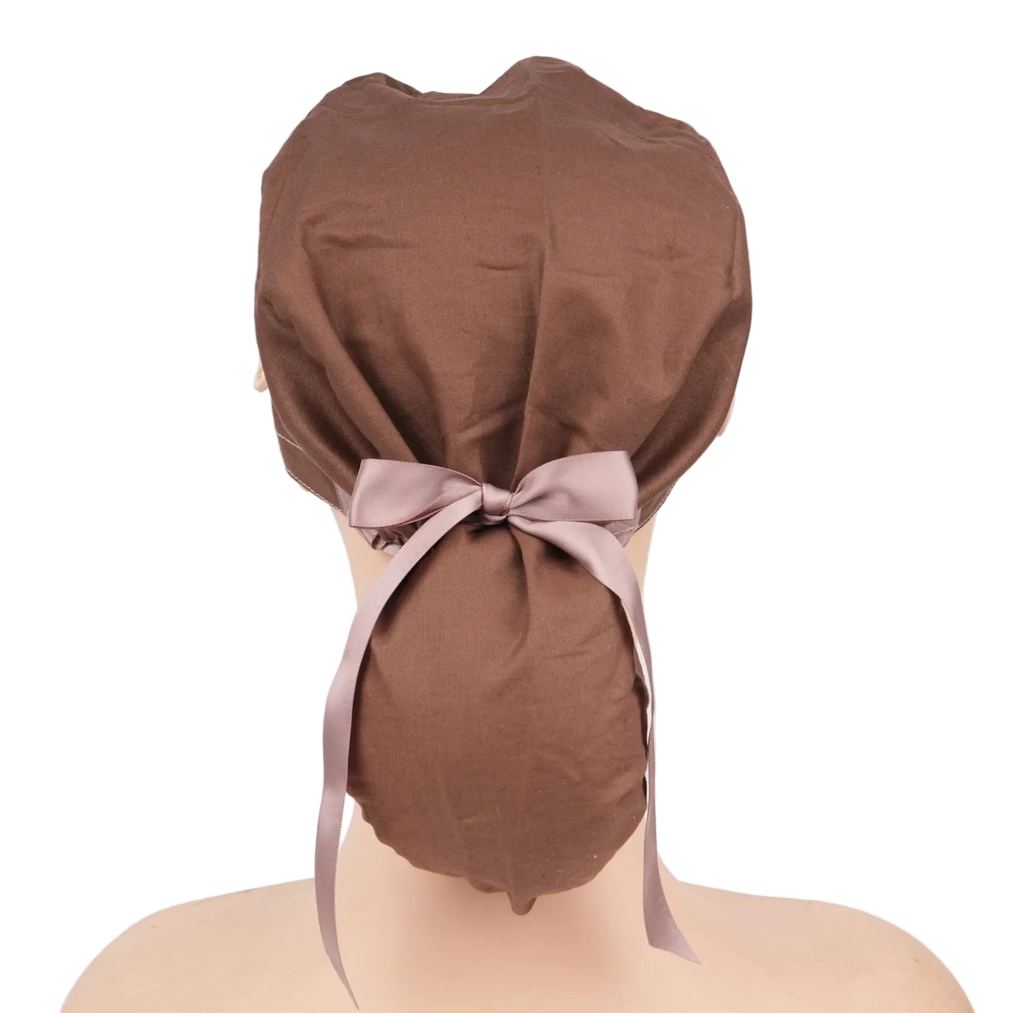 A solid brown surgical scrub cap shown from the back on a mannequin head, tied with a light brown satin ribbon.