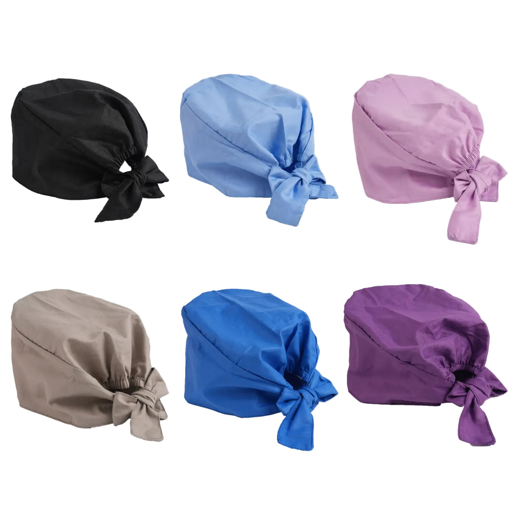 Six tie back surgical caps in different colors (black, light blue, pink, gray, royal blue, and purple) arranged in two rows on a white background.