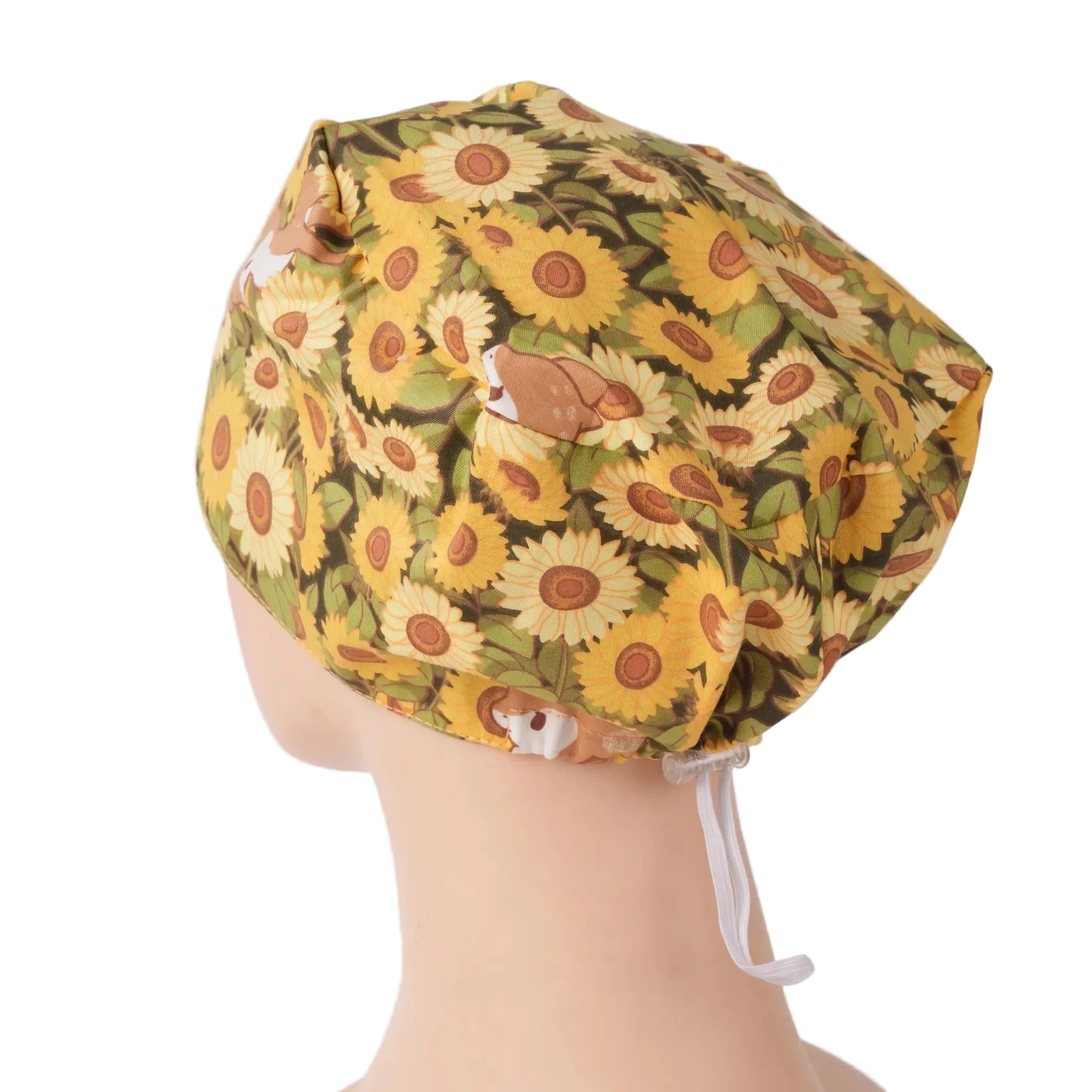 Side back view of sunflower euro scrub cap
