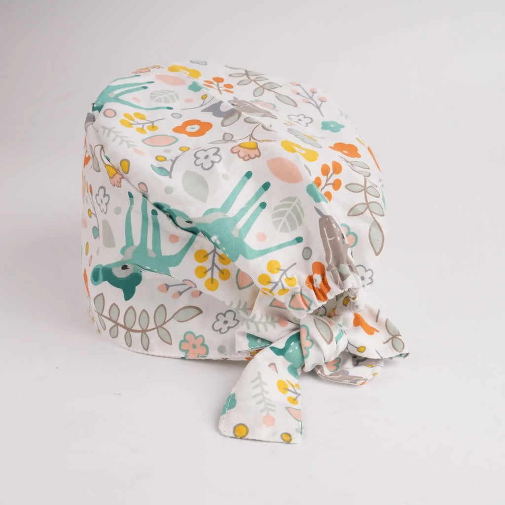 Sika Deer & Flowers Tie Back Scrub Cap