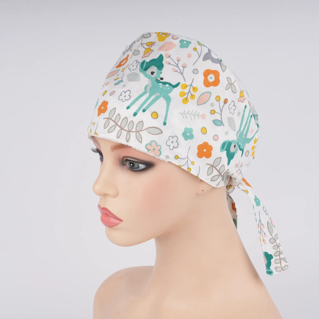 Sika Deer & Flowers Tie Back Scrub Cap