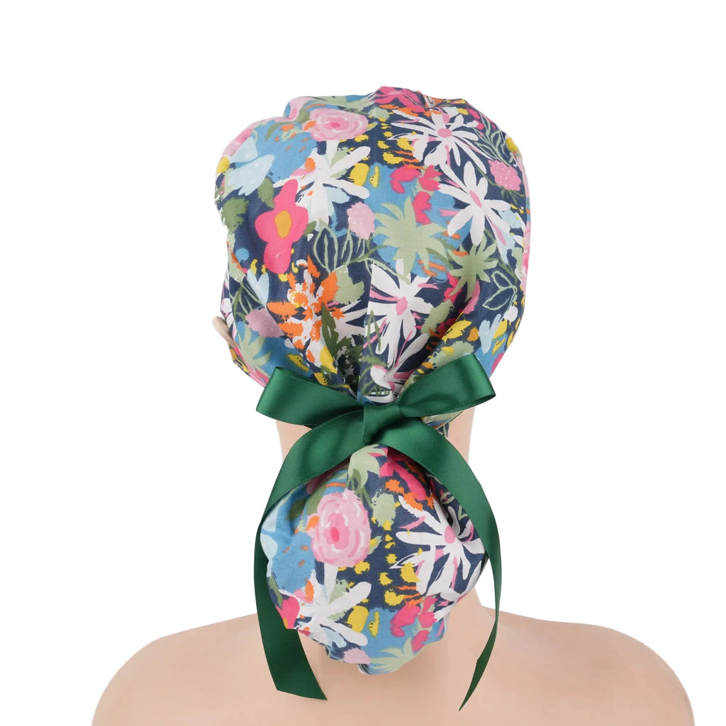 Colorful Florals Ponytail Scrub Cap