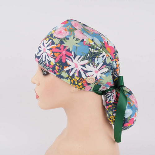 Colorful Florals Ponytail Scrub Cap