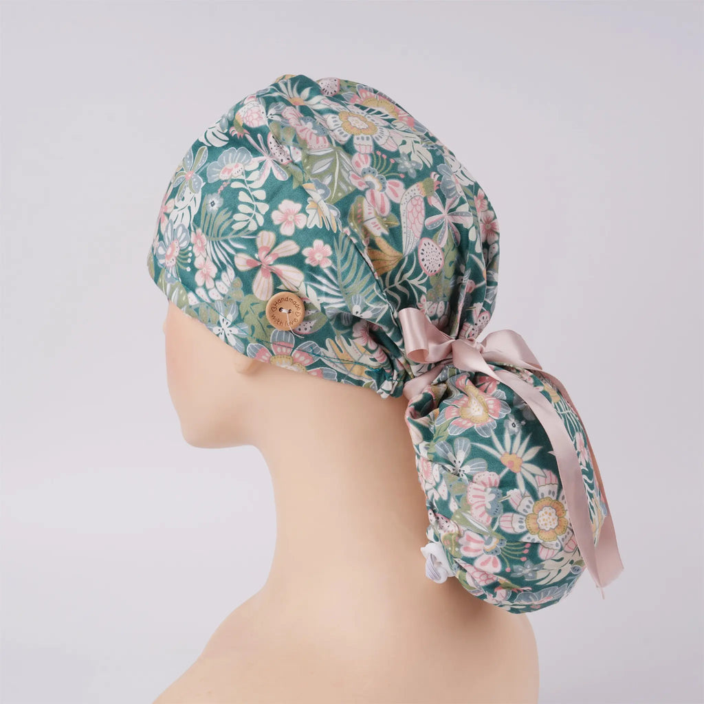 Tropical Flowers Ponytail Scrub Cap